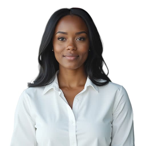 A woman with long black hair wearing a white button-up shirt stands in front of a plain background, looking at the camera with a neutral expression.