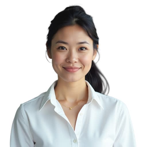 A woman with long dark hair wearing a white collared shirt and a gold necklace, smiling at the camera against a plain background.