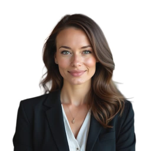 A woman with long brown hair wearing a black blazer and white top, smiling, posed against a plain white background.