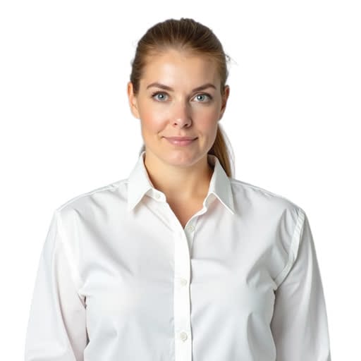 A woman with light skin and blonde hair in a ponytail is wearing a white button-up shirt and looking straight at the camera against a white background.