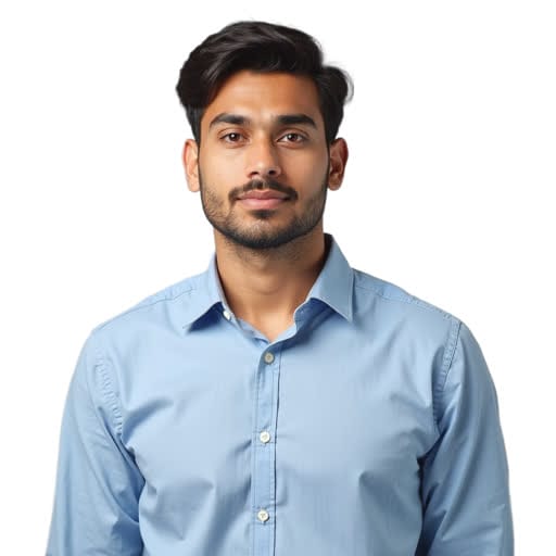 A man with short dark hair and a beard, wearing a light blue button-up shirt, stands facing forward against a plain white background.