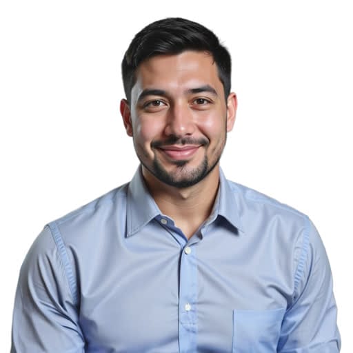 A man with short dark hair, a trimmed beard, and a light blue button-up shirt smiles at the camera against a plain white background.
