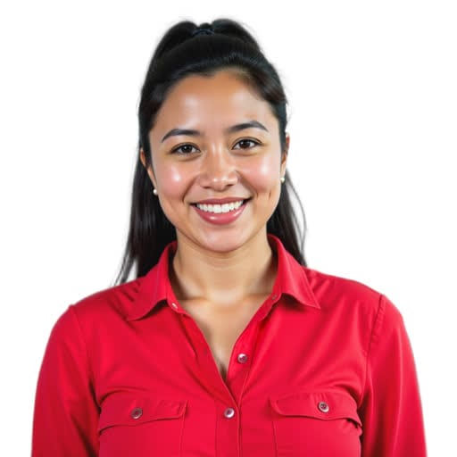 A woman with long dark hair in a ponytail, wearing a red button-up shirt, smiles at the camera against a white background.
