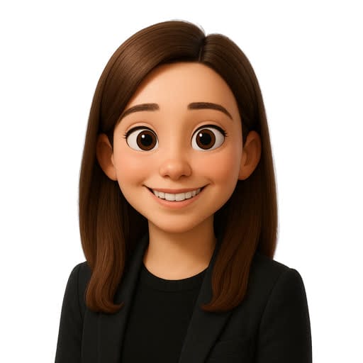 3D animated woman with straight brown hair, large eyes, and a friendly smile, wearing a black top and jacket, facing forward against a plain white background.