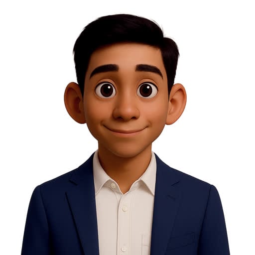 Animated character with short dark hair, large eyes, and medium skin tone, wearing a white shirt and navy blazer, smiling at the camera.