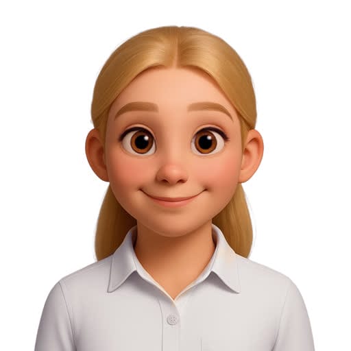 Animated character with light skin, long blonde hair, and large brown eyes, smiling and wearing a white collared shirt against a plain background.