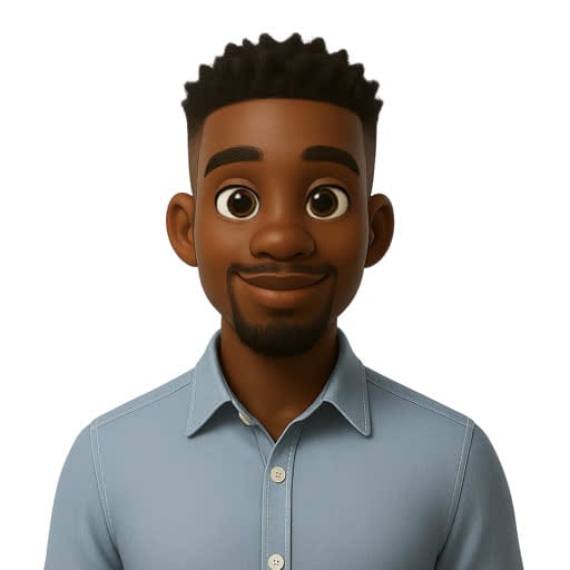 A 3D animated man with dark skin, short curly hair, and a beard is wearing a light blue collared shirt and smiling at the viewer.
