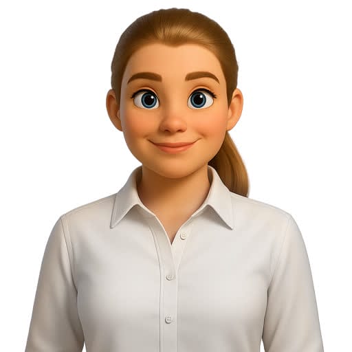 An animated woman with light brown hair in a ponytail, wearing a white button-up shirt, smiles while facing forward against a plain background.