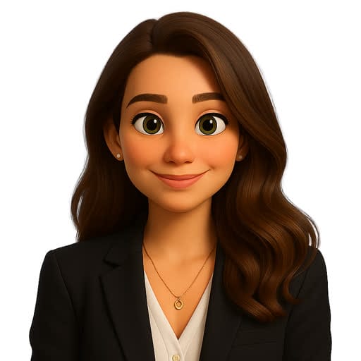 Animated woman with long brown hair, wearing a black blazer, white shirt, and gold necklace, smiling at the viewer against a plain background.