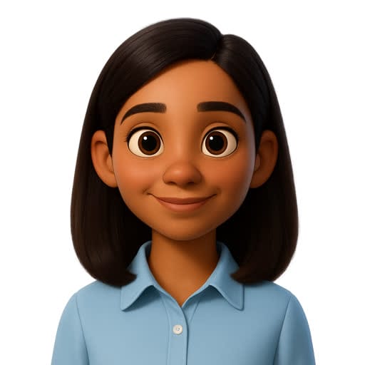 Animated woman with medium skin tone, straight dark hair, and large brown eyes, wearing a light blue collared shirt, smiling at the camera against a white background.
