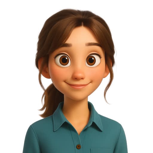 Animated young woman with brown hair in a ponytail, wearing a teal button-up shirt, smiling and looking straight ahead against a plain white background.