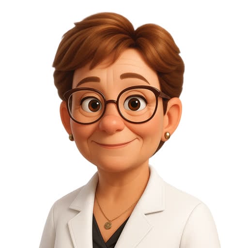 Animated woman with short brown hair, glasses, and a white lab coat, smiling and wearing gold earrings and necklaces, on a plain white background.