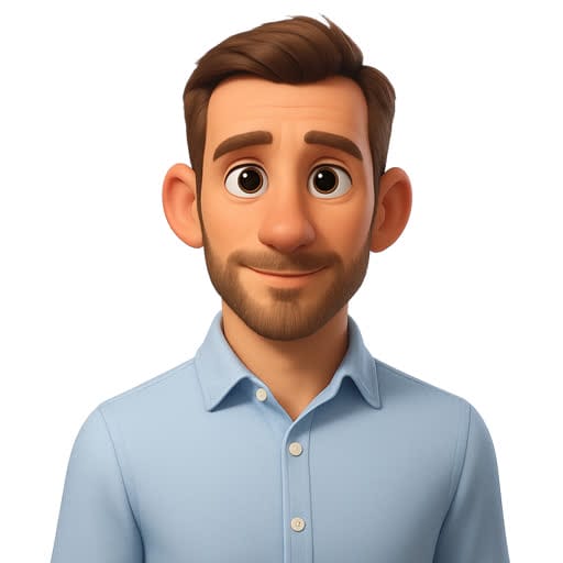 Animated man with brown hair, beard, and light skin, wearing a light blue collared shirt, smiling and facing forward against a plain white background.