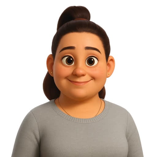 Animated woman with dark hair in a ponytail, wearing a gray long-sleeve shirt, smiles at the camera against a plain white background.