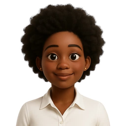 Illustration of a smiling person with short curly hair, wearing a white collared shirt, facing forward against a plain background.