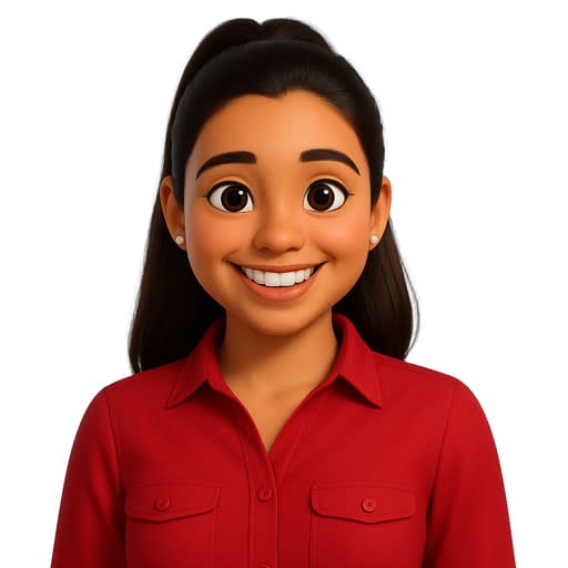 Animated woman with long dark hair, wearing a red collared shirt, smiling and facing forward against a white background.
