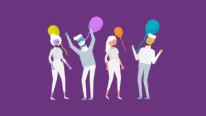 Four stylized animated characters holding balloons on a purple background, created using the Biteable video maker.