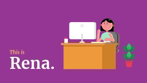 An illustration of a woman named rena sitting at a desk with a computer, holding a crystal ball, next to a potted plant.