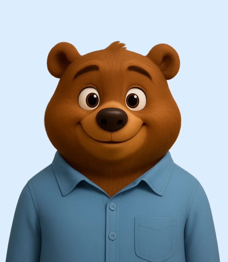 A cartoon brown bear wearing a light blue collared shirt stands against a plain light blue background, smiling at the viewer—perfect for your next online video maker project.
