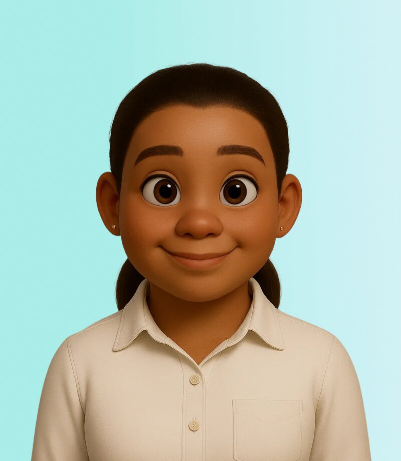 Animated girl with brown hair tied back, wearing a white collared shirt, smiles and looks forward against a light blue background—perfect for showcasing your online video maker projects.