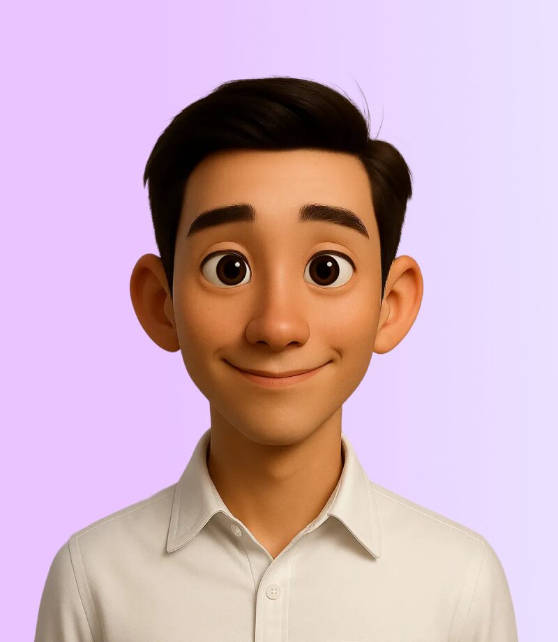 Animated character with brown hair, large eyes, and a light complexion, wearing a white collared shirt, smiling against a light purple background—perfect for showcasing on any online video maker platform.
