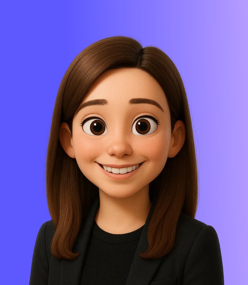 Animated illustration of a smiling woman with straight brown hair, wearing a black blazer, set against a gradient purple background—perfect for use with an online video maker.