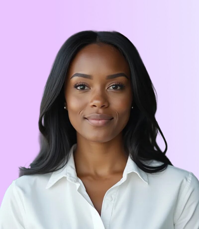 A woman with long black hair, wearing a white collared shirt, stands in front of a light purple background, looking directly at the camera—perfect for an online video maker profile photo.