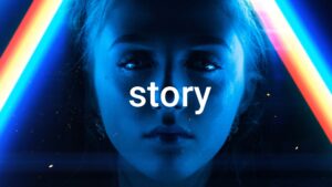 Woman's face in close-up with blue tones and colorful neon light beams crossing in the background, overlay text reads "Biteable video maker".