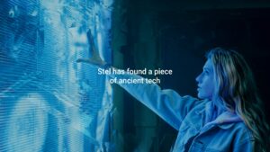 Woman in a denim jacket touches a large, glowing Biteable video maker interface screen displaying complex data in a dimly lit room.