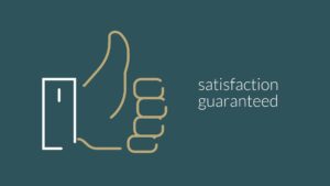 Line drawing of a thumb up next to a door, with the text "satisfaction guaranteed" from Biteable video maker on a dark green background.