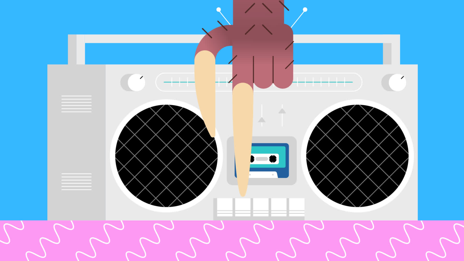 A cartoon creature's clawed hand presses a button on a gray boombox with a cassette tape, set against a blue background and pink patterned surface.