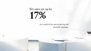 Modern corporate presentation slide highlighting a 17% increase in net sales due to a new marketing and outreach campaign, created with Biteable video maker.