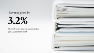 Stack of reports with a positive growth statistic highlighted in a Biteable video maker presentation.