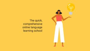 Woman in white pants and pink top holding a lightbulb icon, with text about an online language learning school on a yellow background, created using Biteable video maker.