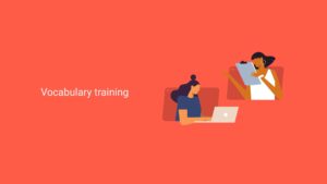 Two women engaging in vocabulary training using Biteable video maker; one with a laptop, the other holding notes, against a red background with text "vocabulary training".