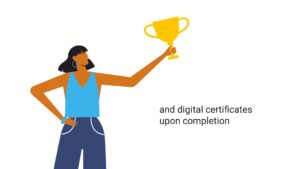Illustration of a woman holding a trophy aloft, with text about digital certificates upon completion, created using Biteable video maker.