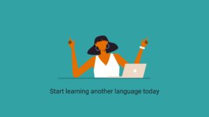 A woman with dark hair wearing headphones and a white top uses a laptop, gesturing peace signs, with text "start learning another language today" on a teal background created using Biteable video maker.