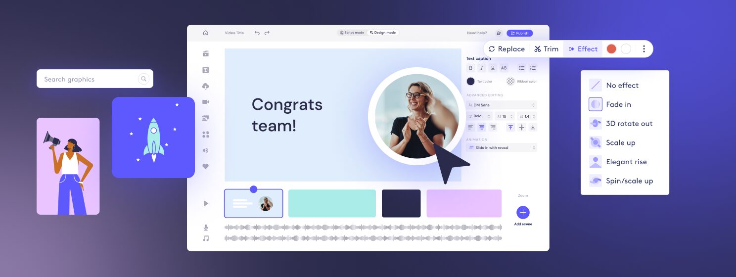 Screen of a graphic design software, such as Biteable or Canva, showing a congratulatory team message with a central image of a woman celebrating, surrounded by design tools and effect options.