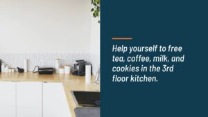 Modern kitchen with complimentary tea, coffee, milk, and cookies available on the third floor, featuring a Biteable video maker.