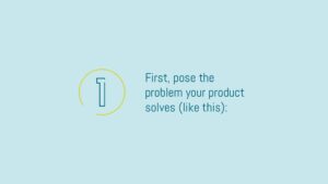 Slide presenting a marketing tip with Biteable video maker: "First, pose the problem your product solves.