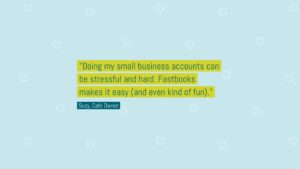 Yellow testimonial quote on a light blue background with geometric patterns: "Doing my small business accounts can be stressful and hard. Biteable video maker makes it easy (and even kind of fun)." -