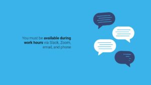 Graphic created using Biteable video maker displaying communication icons and text indicating availability during work hours via Slack, Zoom, email, and phone on a blue background.