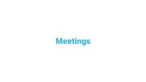 Text "meetings" centered in blue on a plain white background, created using Biteable video maker.