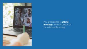 Laptop screen displaying a Biteable video maker call with three participants during a meeting, with a hand holding a pen in the foreground. Text overlay states meeting attendance requirements.