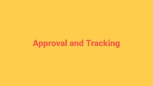 Text "approval and tracking" in red on a yellow background, created with Biteable video maker.