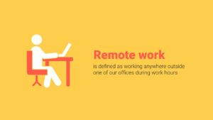 Illustration of a person using a laptop at a desk with text "remote work is defined as working anywhere outside one of our offices during work hours" on a yellow background, created with Biteable video