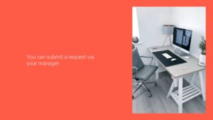 Modern office setup with two desks, computers, office chairs, and a potted plant, featuring a Biteable video maker tutorial on-screen with a caption about submitting requests via a manager.