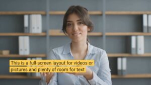 A confident young woman in a white shirt stands in an office, with shelves of binders behind her and Biteable video maker overlay text.
