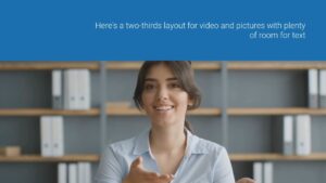 Smiling woman with dark hair gesturing during a Biteable video maker presentation, with text overlay and shelves in the background.