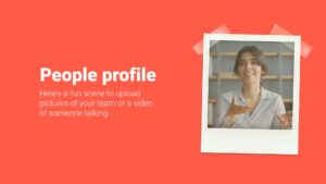 Alt text: a woman gesticulating while talking, displayed within a photo frame on a slide with the title "people profile" against a coral background, created using Biteable video maker.